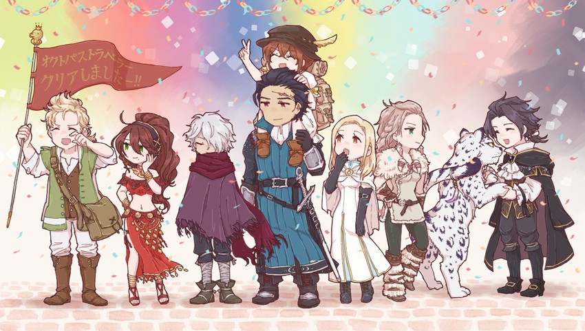 therion, tressa colzione, ophilia clement, primrose azelhart, cyrus albright, and 2 more (octopath traveler and 1 more) drawn by amkwa