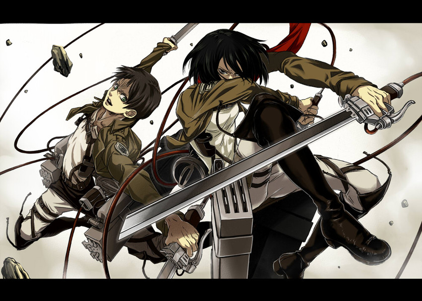 mikasa ackerman and eren yeager (shingeki no kyojin) drawn by kanikajika