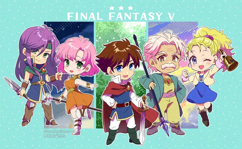 lenna charlotte tycoon, faris scherwiz, bartz klauser, krile mayer baldesion, and galuf halm baldesion (final fantasy and 1 more) drawn by sanroku_3