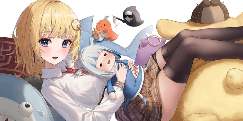 gawr gura, watson amelia, takodachi, bloop, bubba, and 2 more (hololive and 1 more) drawn by tem