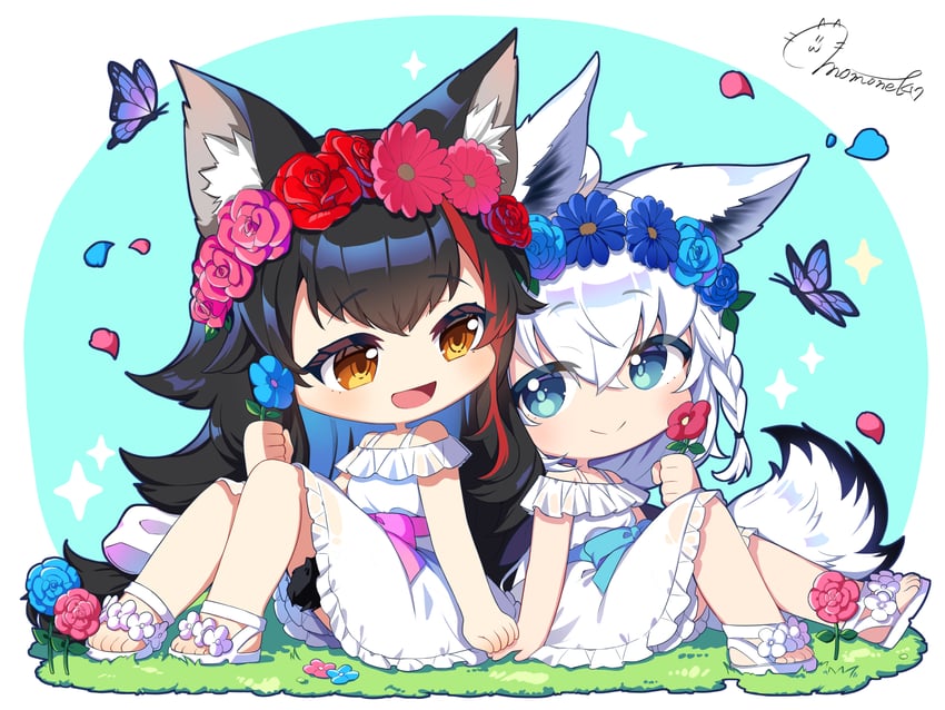 shirakami fubuki and ookami mio (hololive) drawn by momone_cco
