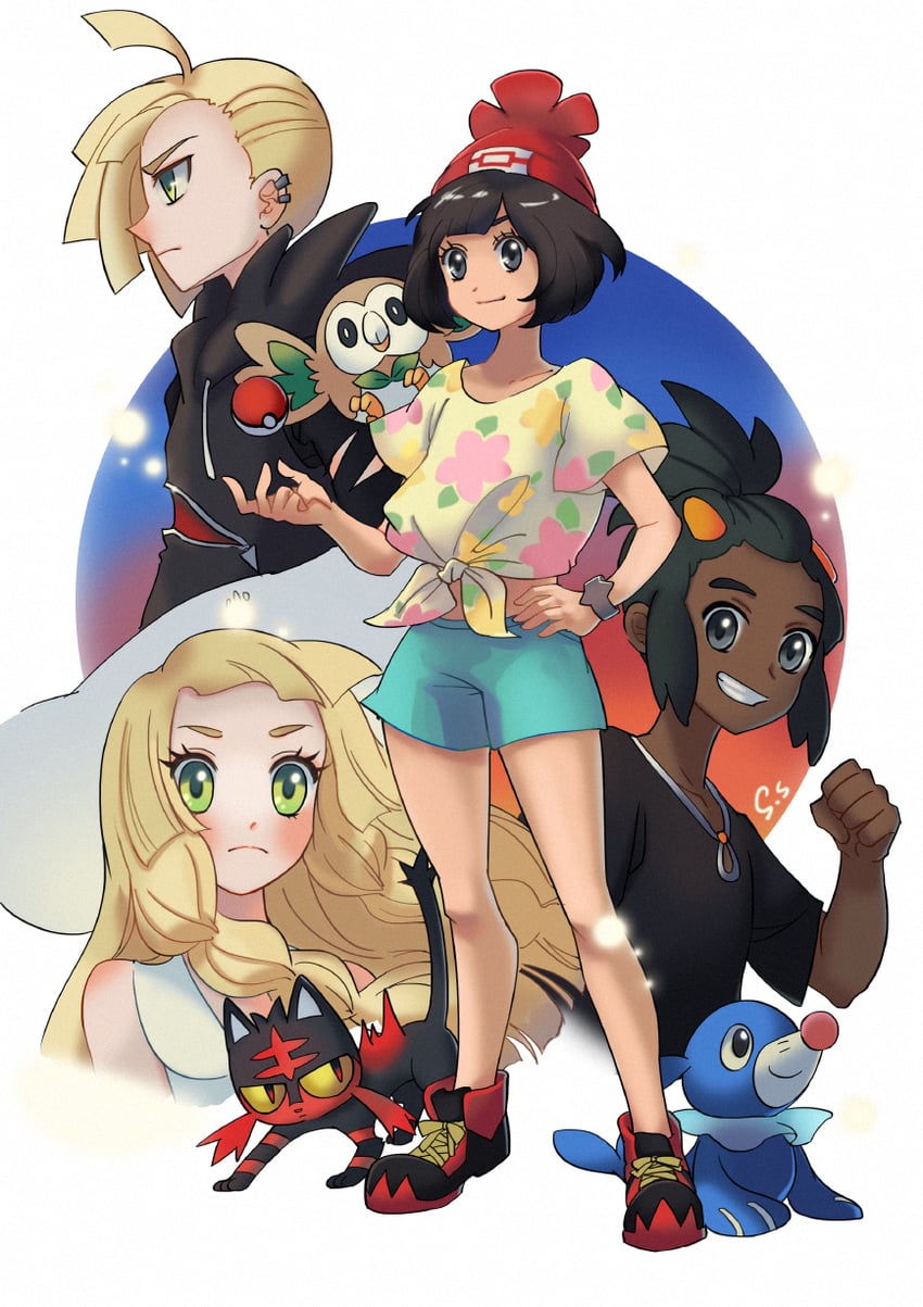 lillie, selene, rowlet, gladion, popplio, and 2 more (pokemon and 1 more) drawn by shadeshark