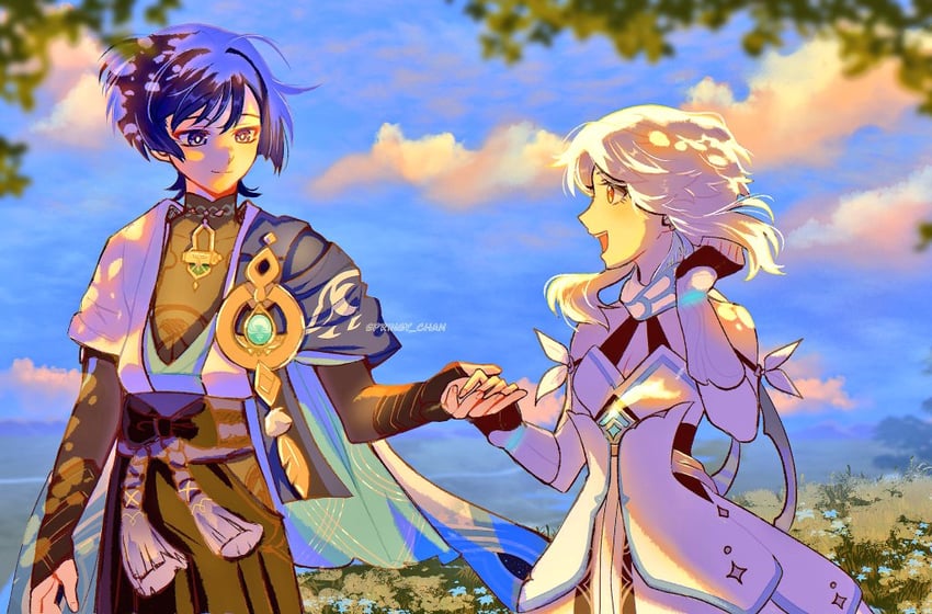 lumine, scaramouche, and wanderer (genshin impact) drawn by springy_chan