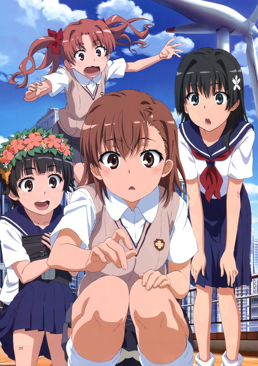 misaka mikoto, shirai kuroko, saten ruiko, and uiharu kazari (toaru majutsu no index and 1 more) drawn by tanaka_yuuichi