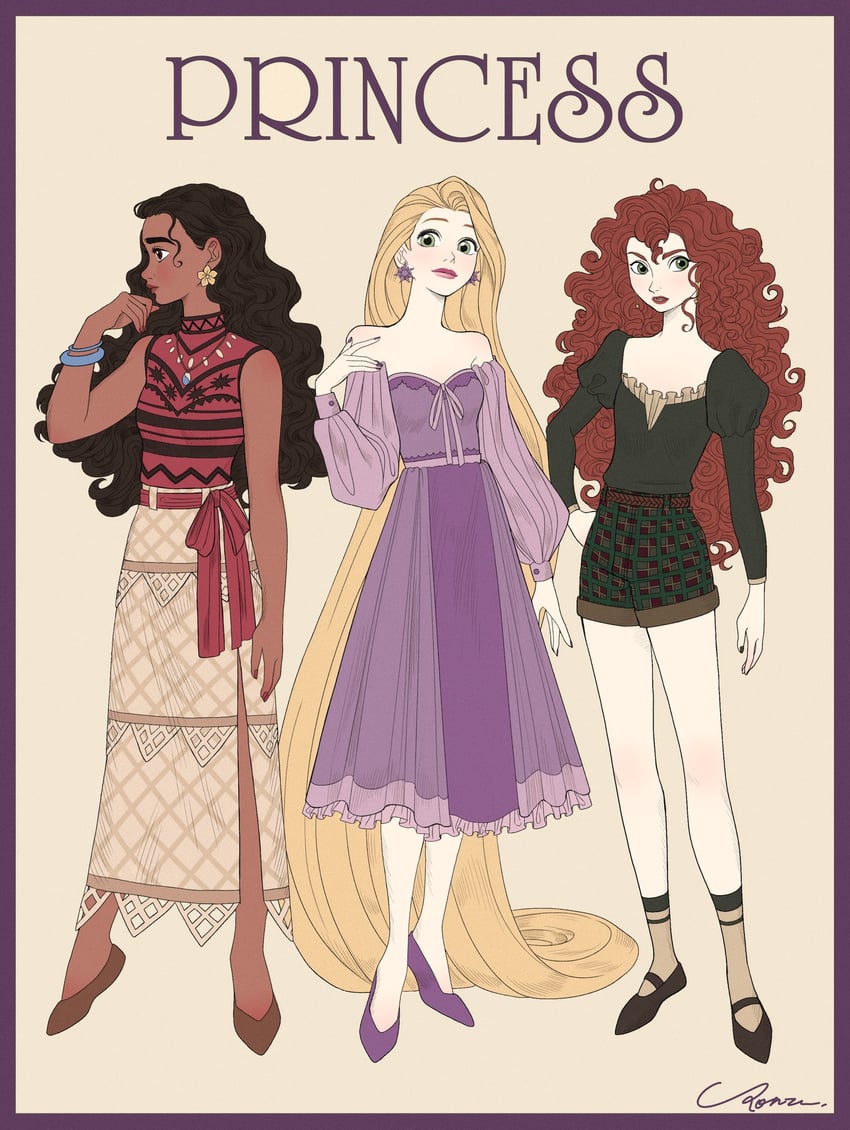 rapunzel, moana waialiki, and merida (disney and 3 more) drawn by ponsu_(ponzuxponzu)