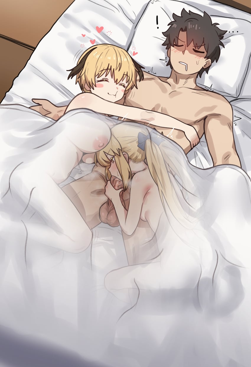artoria pendragon, fujimaru ritsuka, artoria caster, and gareth (fate and 1 more) drawn by ebora