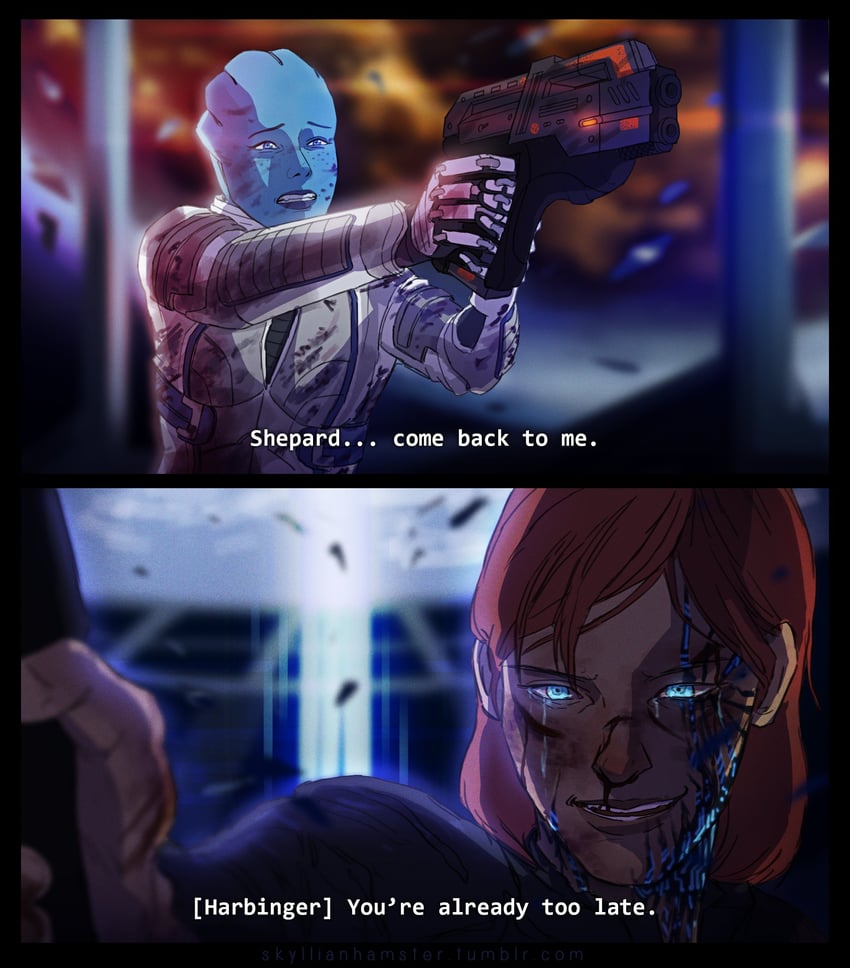 commander shepard, liara t'soni, and harbinger (mass effect and 1 more) drawn by skyham