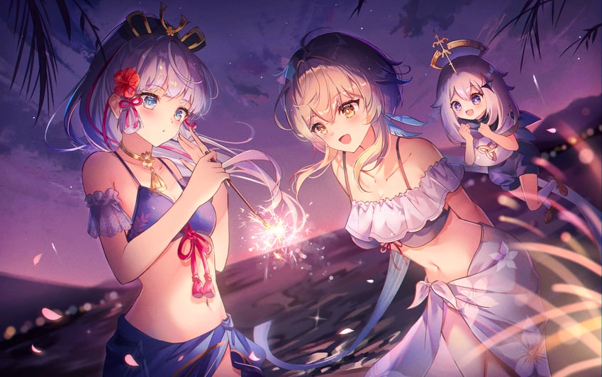lumine, paimon, and kamisato ayaka (genshin impact) drawn by kokonex