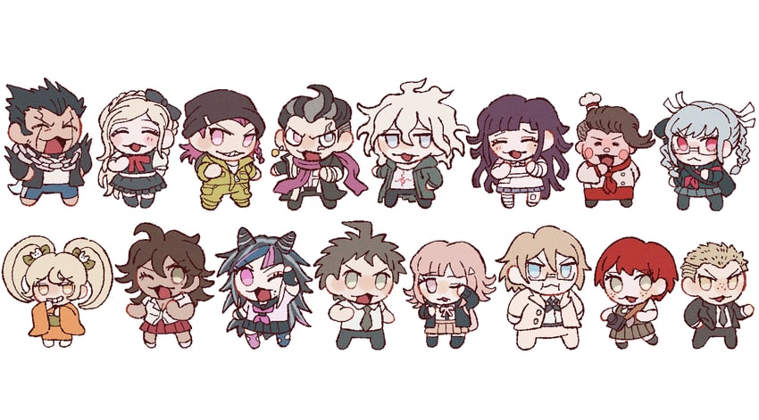 nanami chiaki, komaeda nagito, hinata hajime, tsumiki mikan, mioda ibuki, and 11 more (danganronpa and 1 more) drawn by 30en_(esx5g)
