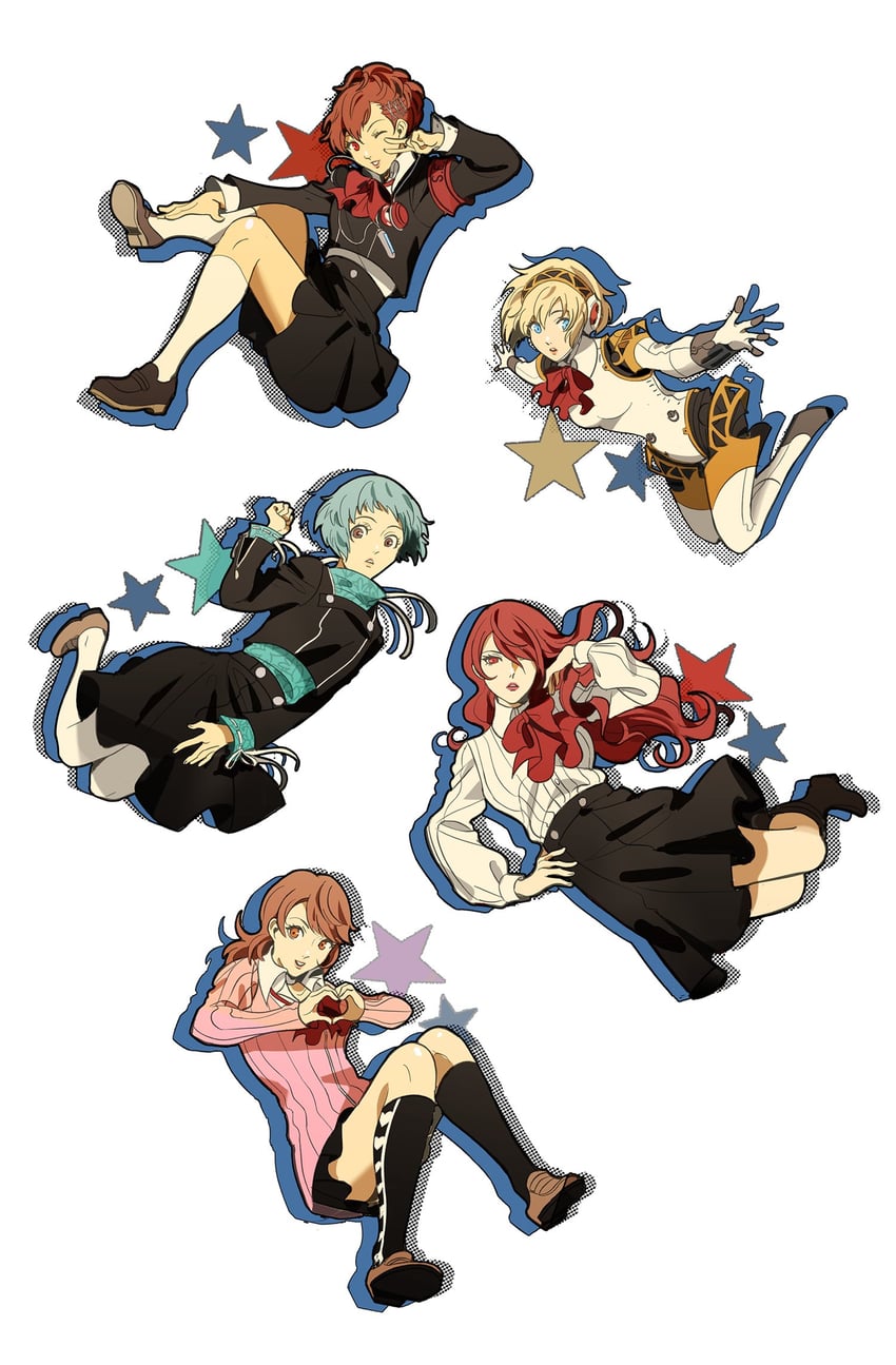 aigis, shiomi kotone, takeba yukari, kirijou mitsuru, and yamagishi fuuka (persona and 2 more) drawn by shy_(ribboneels)