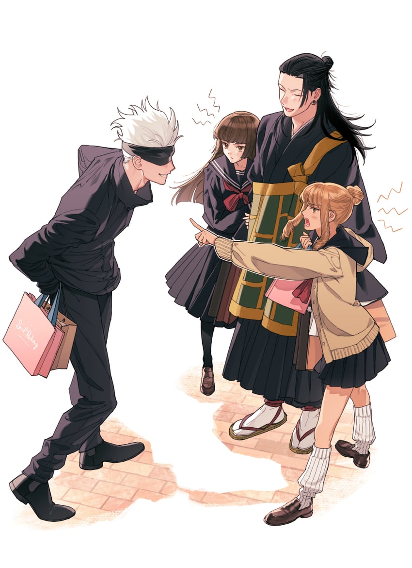 gojou satoru, getou suguru, mimiko, and nanako (jujutsu kaisen) drawn by ggss_cc