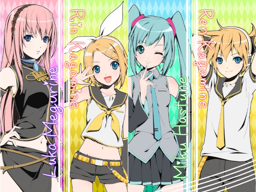 hatsune miku, kagamine rin, kagamine len, and megurine luka (vocaloid) drawn by ama_mitsuki