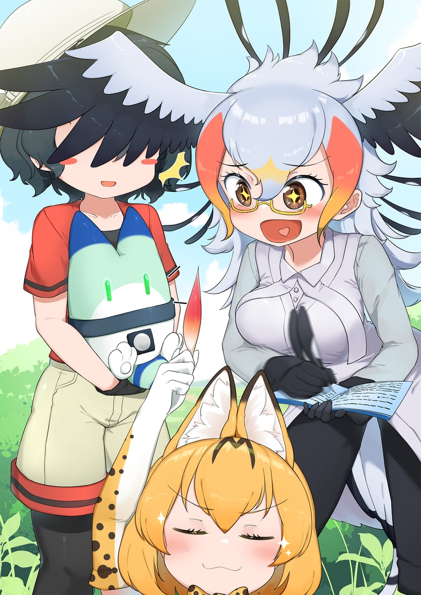 serval, kaban, lucky beast, and secretarybird (kemono friends) drawn by chis_(js60216)