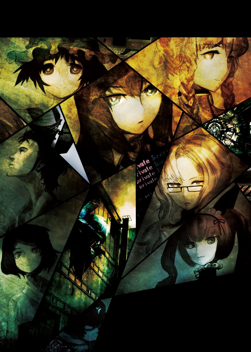 makise kurisu, okabe rintarou, shiina mayuri, amane suzuha, urushibara ruka, and 3 more (steins;gate) drawn by huke