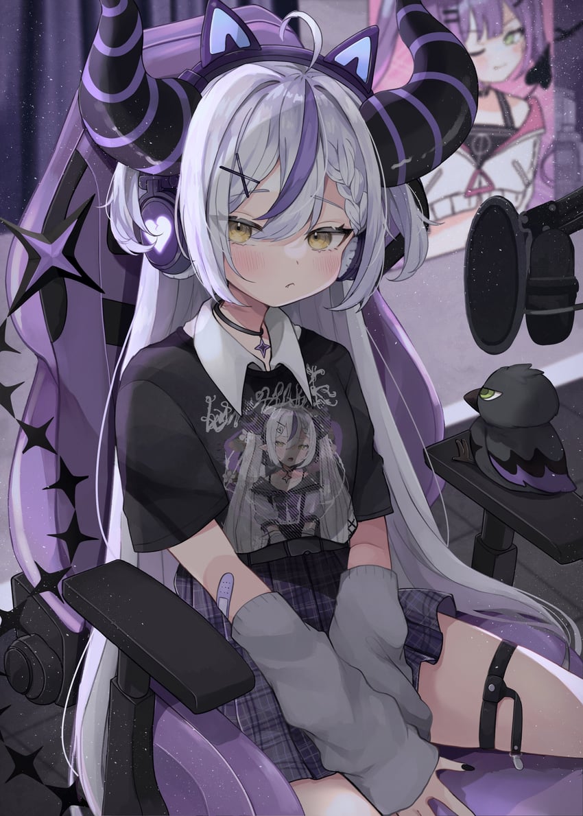 tokoyami towa, la+ darknesss, and crow (hololive) drawn by nemuta_muu
