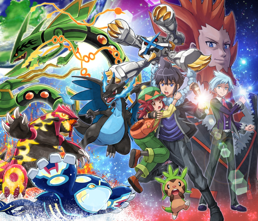 charizard, steven stone, rayquaza, kyogre, chespin, and 10 more (pokemon and 2 more) drawn by pokemoa