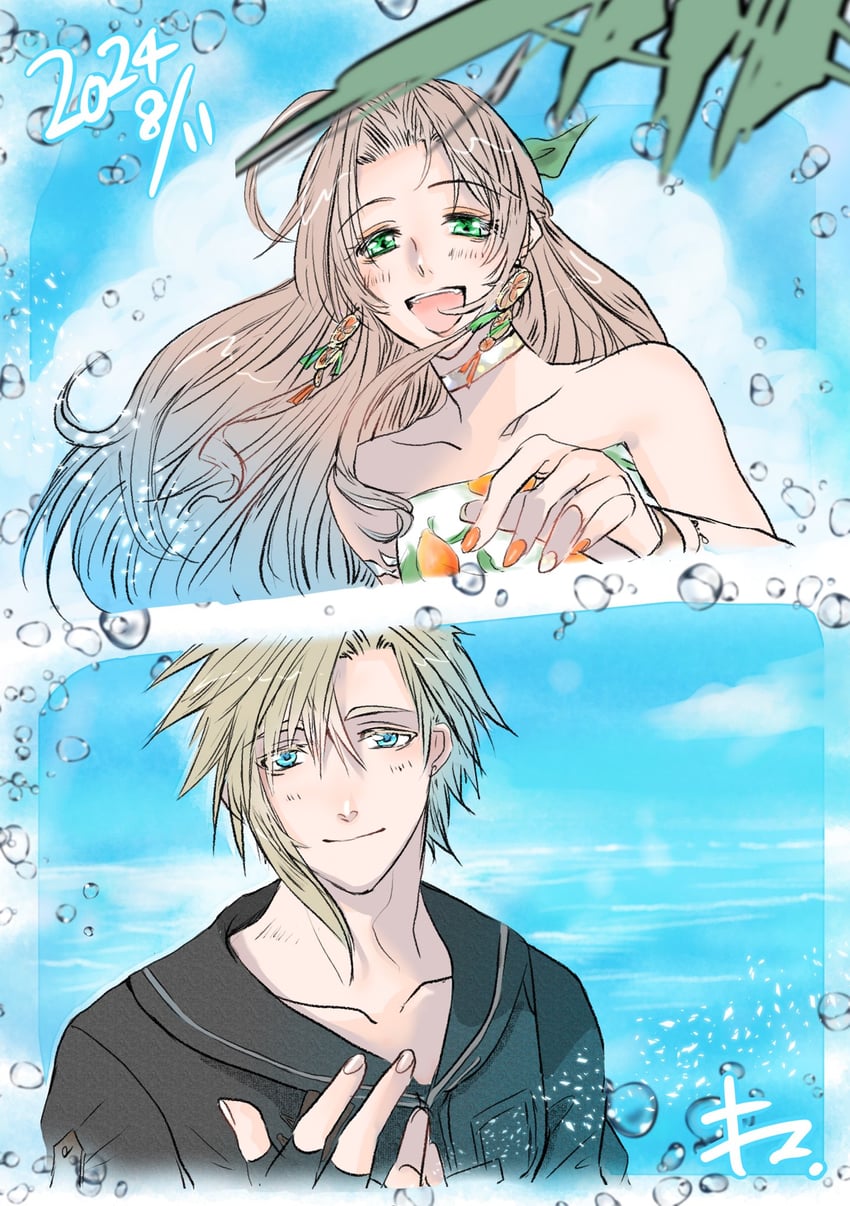 cloud strife and aerith gainsborough (final fantasy and 2 more) drawn by tokiokiyu