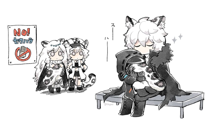doctor, pramanix, silverash, and cliffheart (arknights) drawn by soppos