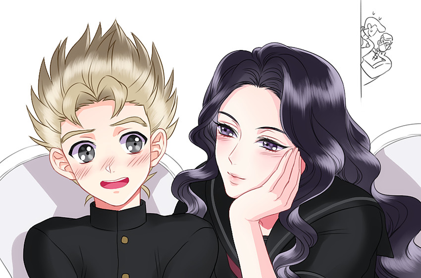 higashikata josuke, nijimura okuyasu, hirose koichi, and yamagishi yukako (jojo no kimyou na bouken and 1 more) drawn by haze00