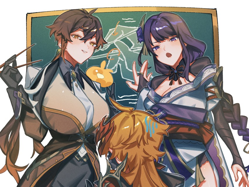 raiden shogun, zhongli, tartaglia, and seelie (genshin impact) drawn by crow_3434
