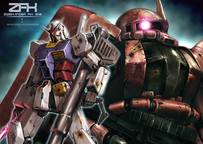 rx-78-2 gundam, zaku ii, and zaku ii s char custom (gundam and 1 more) drawn by jay_b_lee