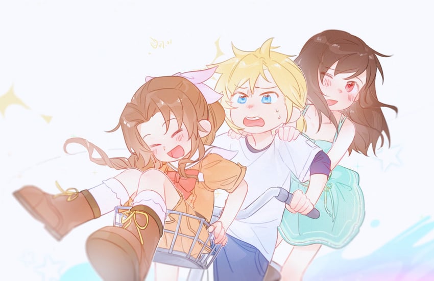 tifa lockhart, cloud strife, and aerith gainsborough (final fantasy and 2 more) drawn by lily_(shio1006)