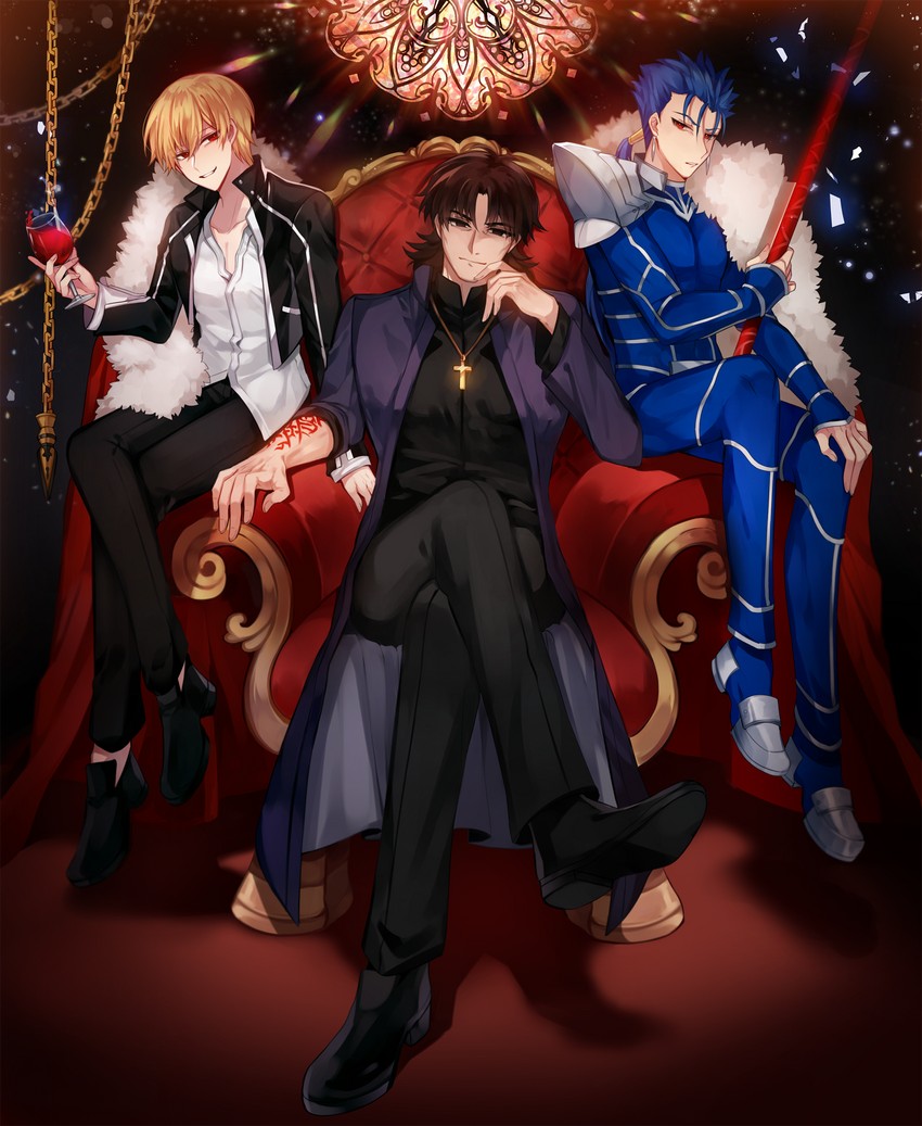 gilgamesh, cu chulainn, and kotomine kirei (fate and 1 more) drawn by rijjin