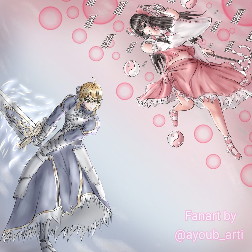 hakurei reimu, artoria pendragon, and saber (touhou and 2 more) drawn by ayoub_arti