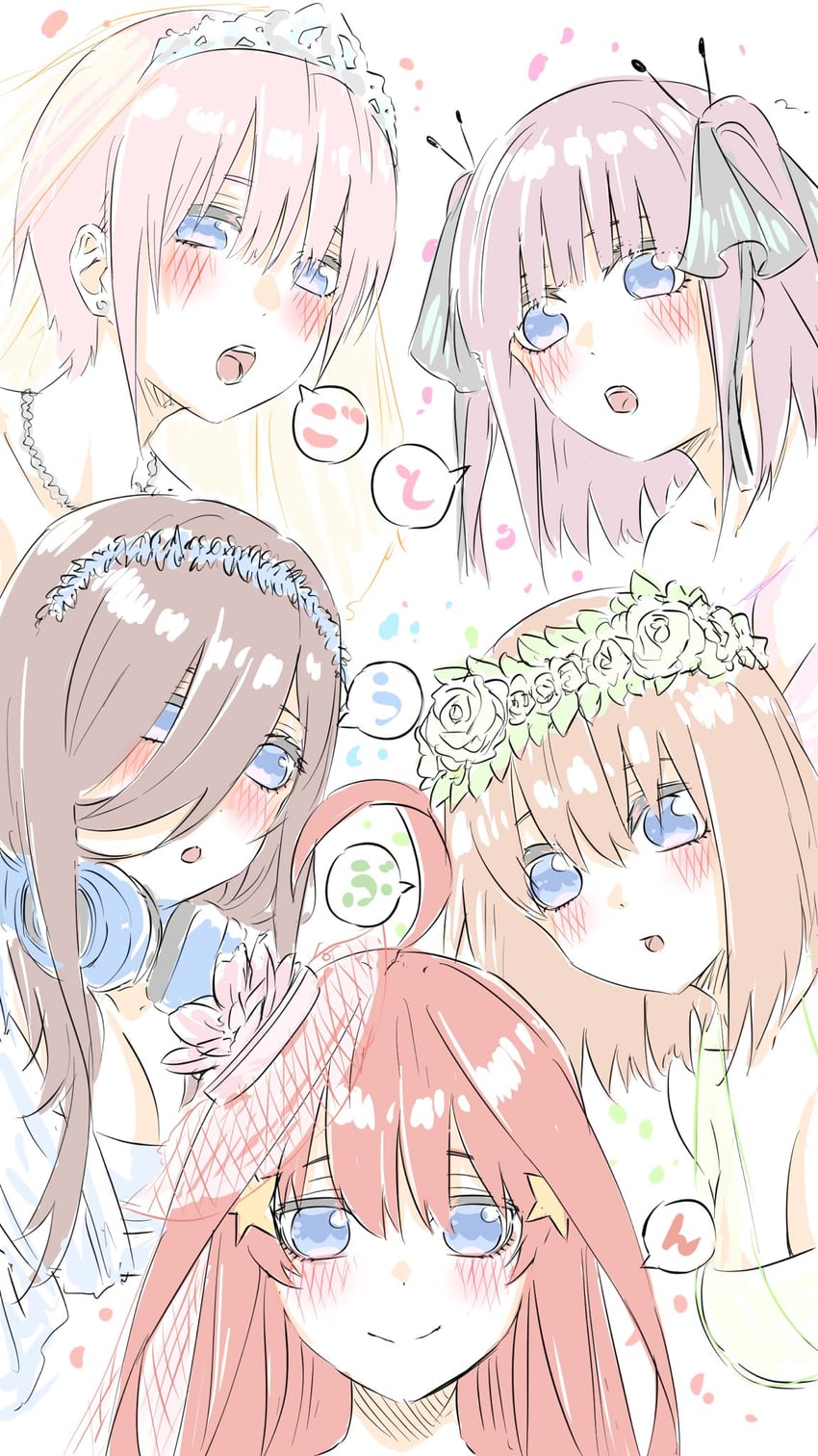 nakano nino, nakano miku, nakano yotsuba, nakano itsuki, and nakano ichika (go-toubun no hanayome) drawn by mitsugu