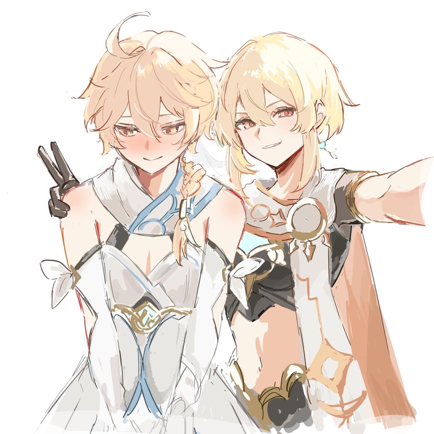 lumine and aether (genshin impact) drawn by nihon_no_hentai