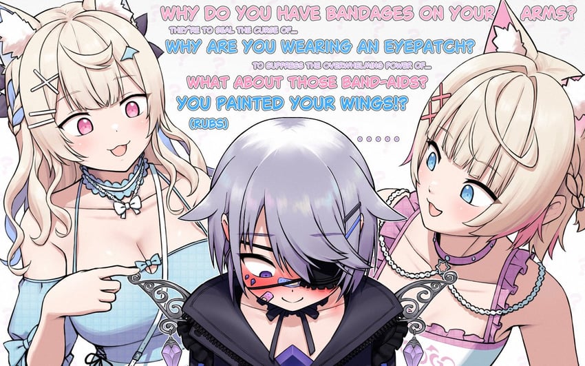 fuwawa abyssgard, mococo abyssgard, and koseki bijou (hololive and 1 more) drawn by sanwanton