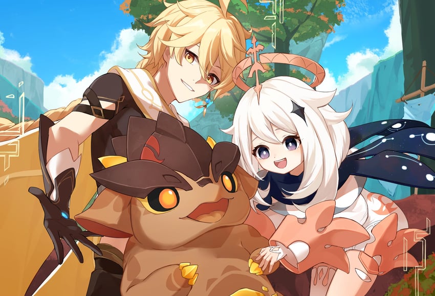 aether, paimon, tepetlisaurus, and little one (genshin impact) drawn by kottone_8