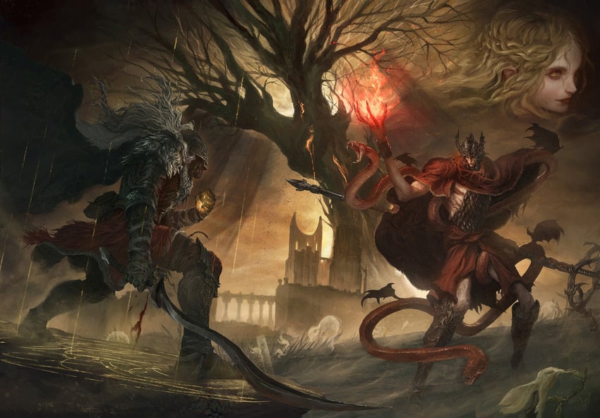tarnished, miquella, messmer the impaler, and bloody wolf (elden ring and 1 more) drawn by alvarojh_art