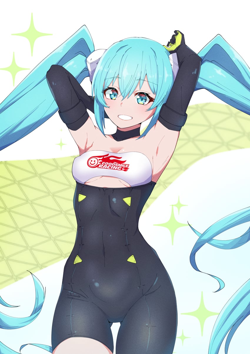 hatsune miku and racing miku (vocaloid and 1 more) drawn by kamidan