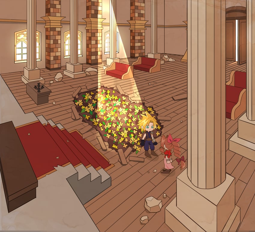 cloud strife and aerith gainsborough (final fantasy and 1 more) drawn by ttnoooo