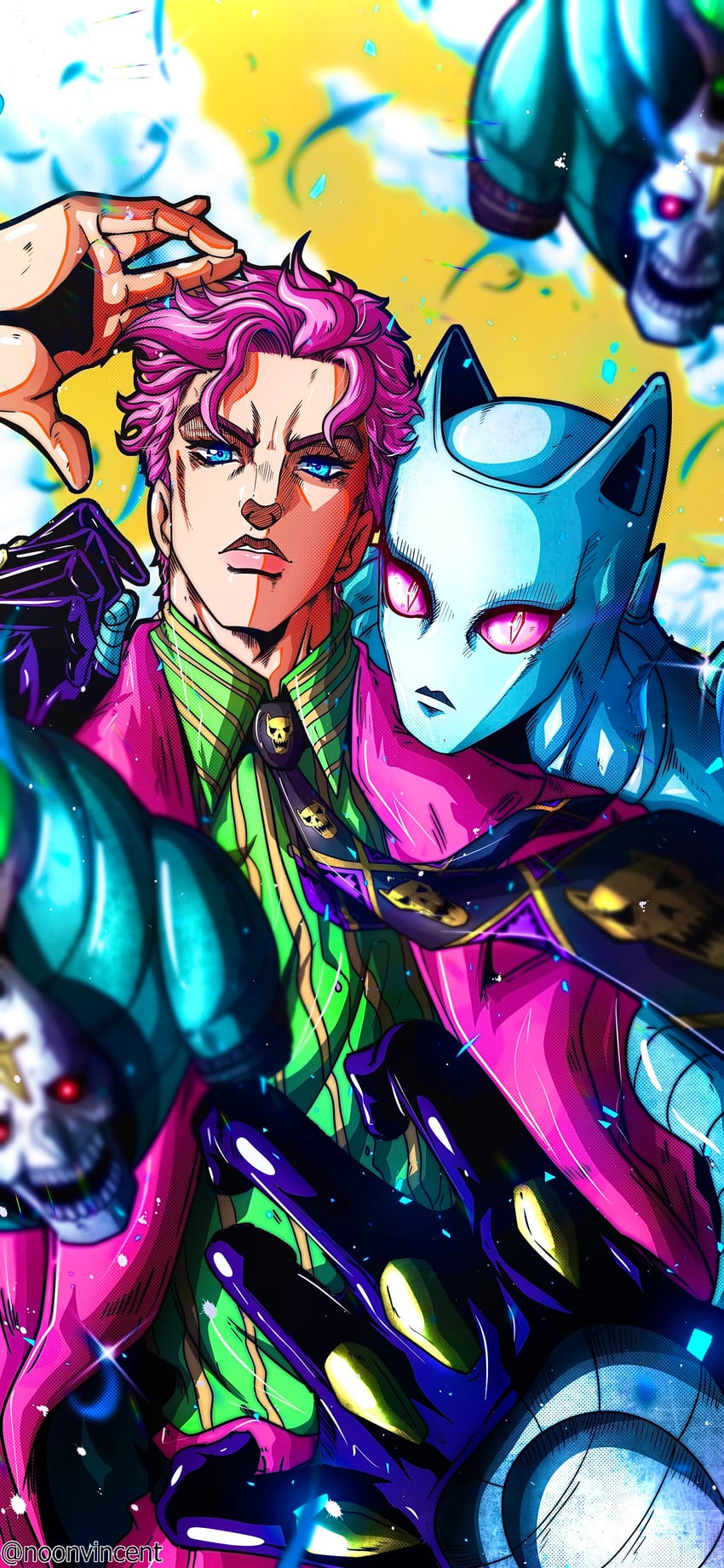 kira yoshikage, killer queen, and sheer heart attack (jojo no kimyou na bouken and 1 more) drawn by noonvincent