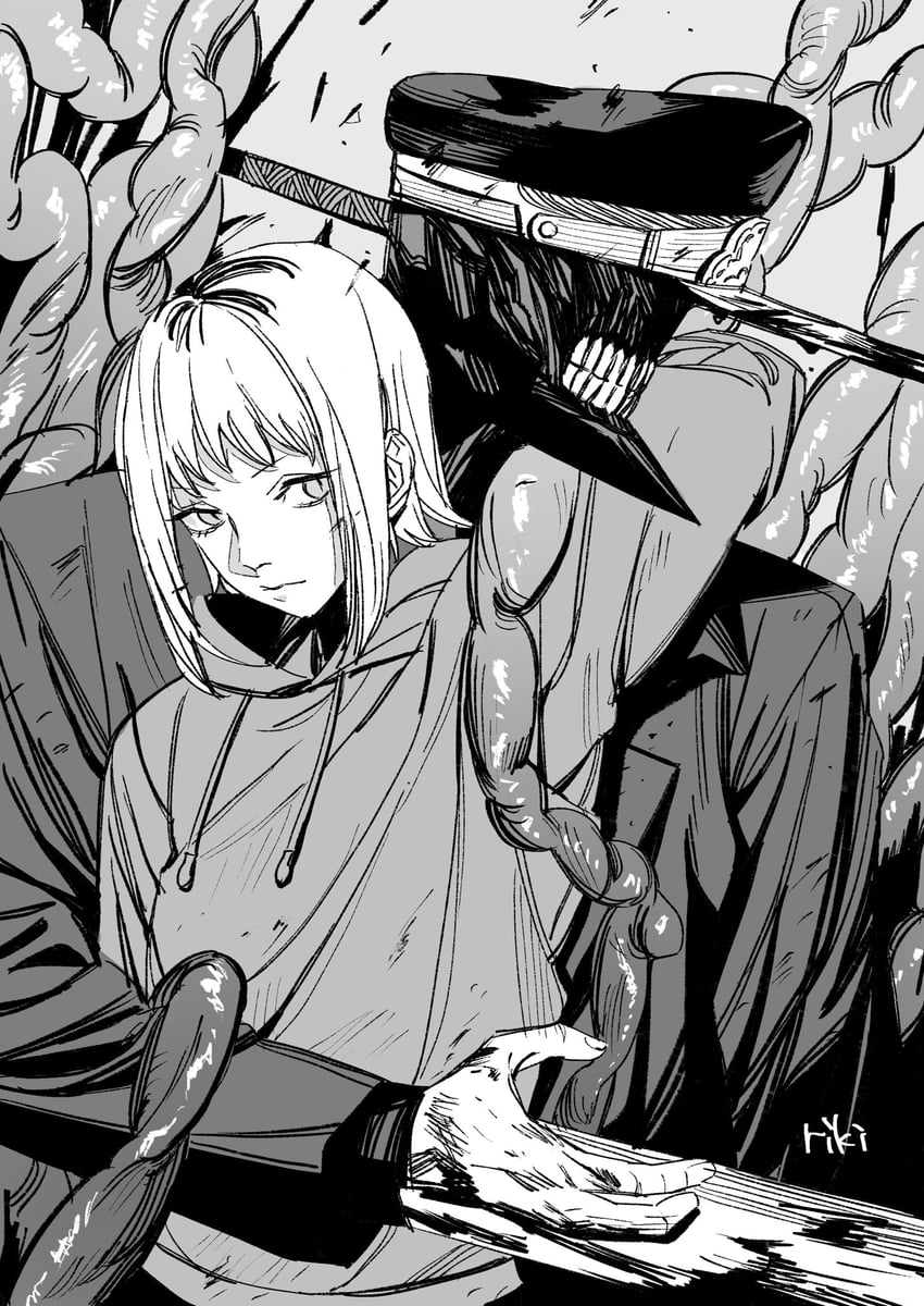 katana man and sawatari akane (chainsaw man) drawn by riki_(riki_unc)