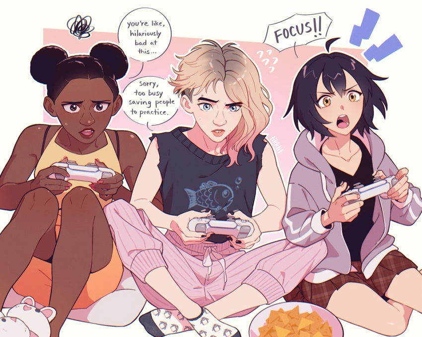 gwen stacy, peni parker, and margo kess (marvel and 3 more) drawn by tikklil