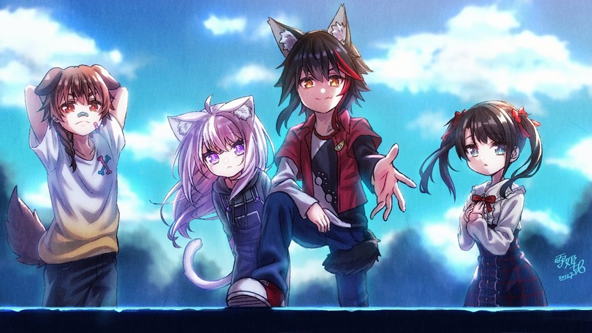 nekomata okayu, ookami mio, oozora subaru, and inugami korone (hololive and 1 more) drawn by calzooone