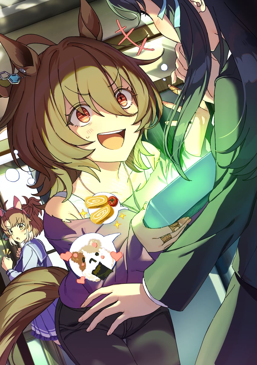 trainer, agnes tachyon, dantsu flame, female trainer, and agnes tachyon's trainer (umamusume and 1 more) drawn by koushikitarou_(oisiine8931)