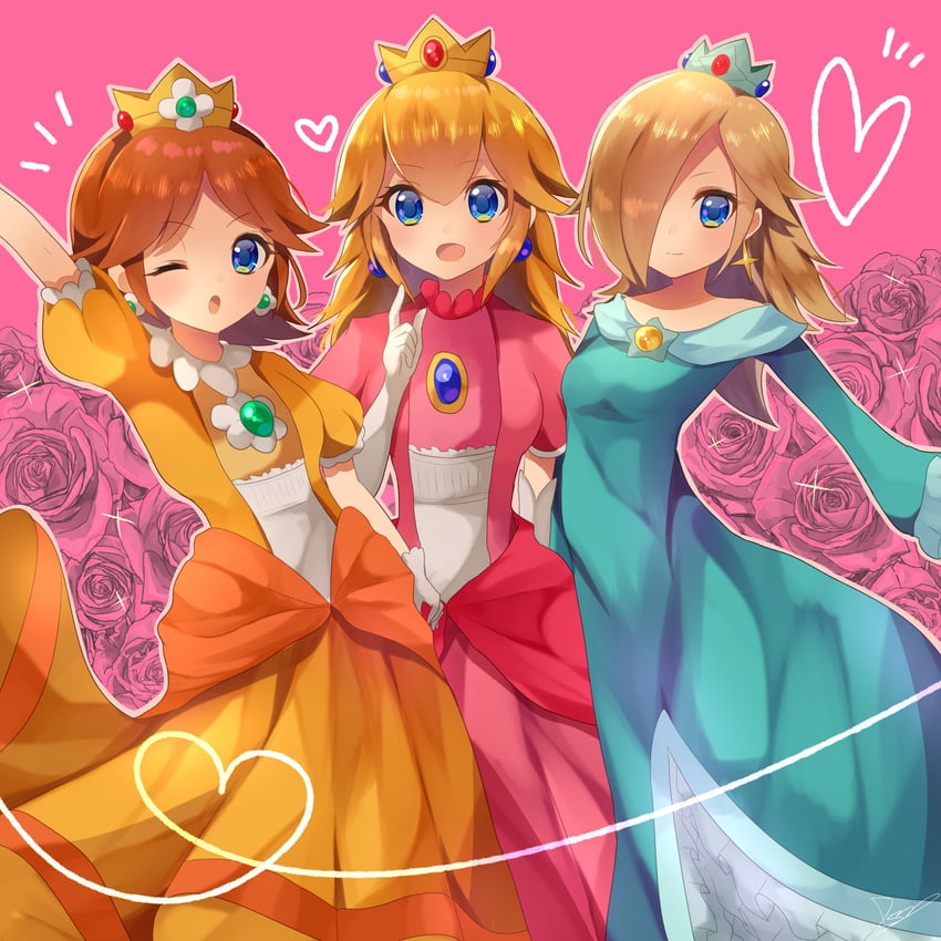 princess peach, rosalina, and princess daisy (mario) drawn by rushin