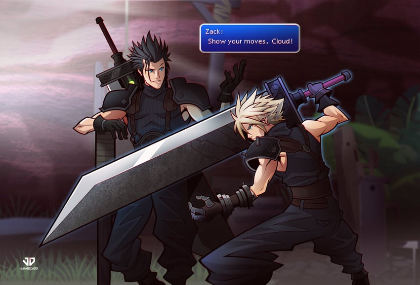 cloud strife, zack fair, and sabotender (final fantasy and 3 more) drawn by james_diato