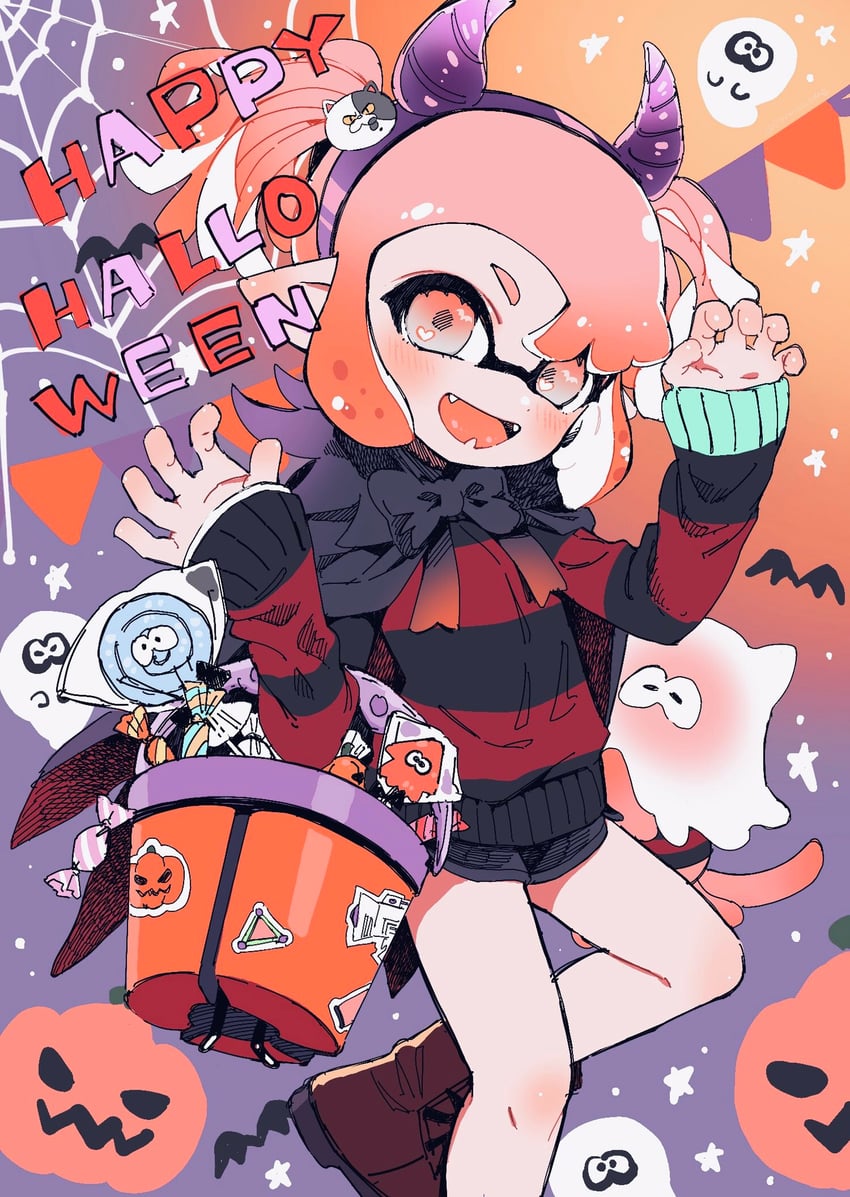 inkling player character, inkling girl, jellyfish, and judd (splatoon) drawn by amezawa_koma