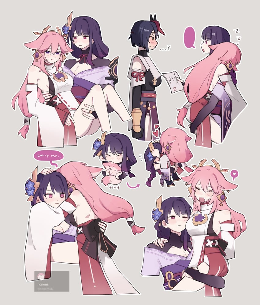 raiden shogun, yae miko, and kujou sara (genshin impact) drawn by nonons