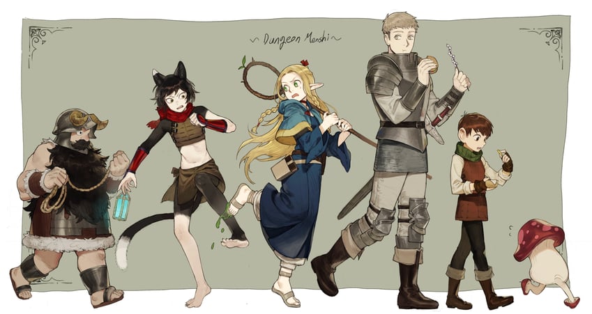 marcille donato, laios touden, senshi, chilchuck tims, izutsumi, and 1 more (dungeon meshi) drawn by p_(pm_611a)