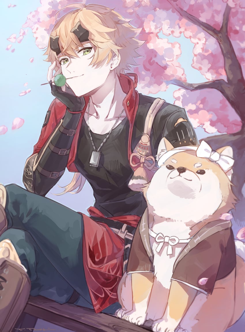 thoma and taroumaru (genshin impact) drawn by yama_ta_yomogi