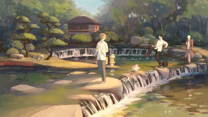 ginko, natsume takashi, mokona, nyanko-sensei, and watanuki kimihiro (mushishi and 2 more) drawn by xiaobanbei_milk