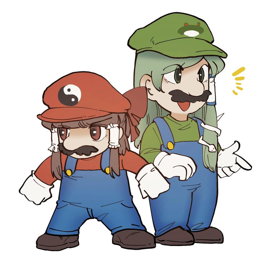 hakurei reimu, kochiya sanae, mario, and luigi (touhou and 1 more) drawn by boned-woo