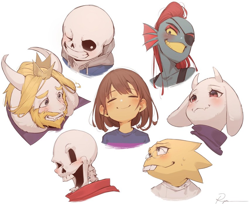 frisk, sans, papyrus, undyne, toriel, and 2 more (undertale) drawn by ryota_(ry_o_ta)