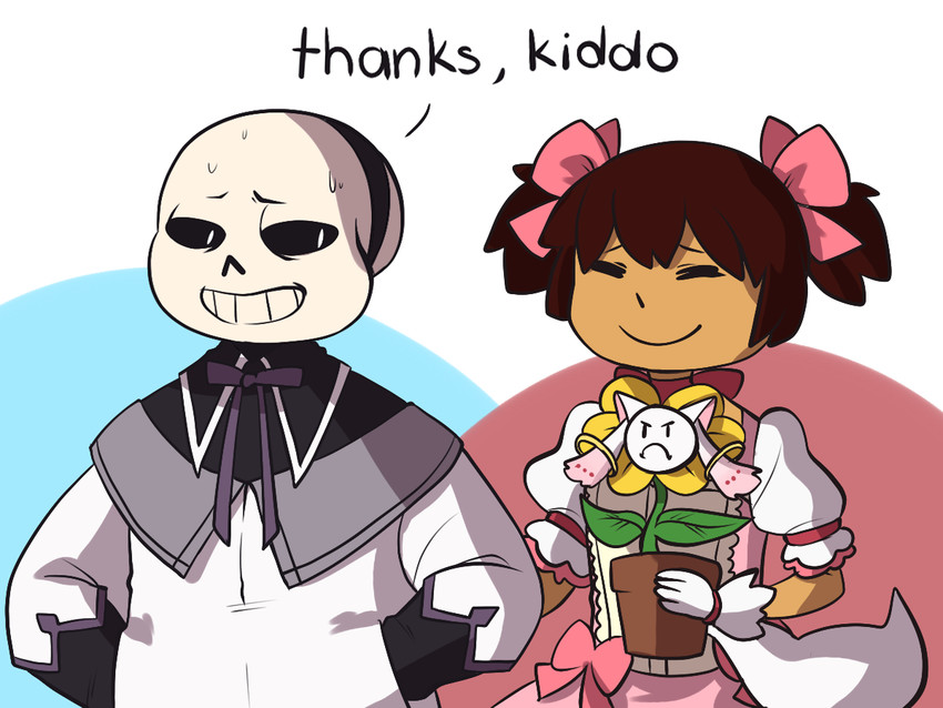 akemi homura, kaname madoka, kyubey, frisk, sans, and 1 more (mahou shoujo madoka magica and 1 more) drawn by sarcasticasides